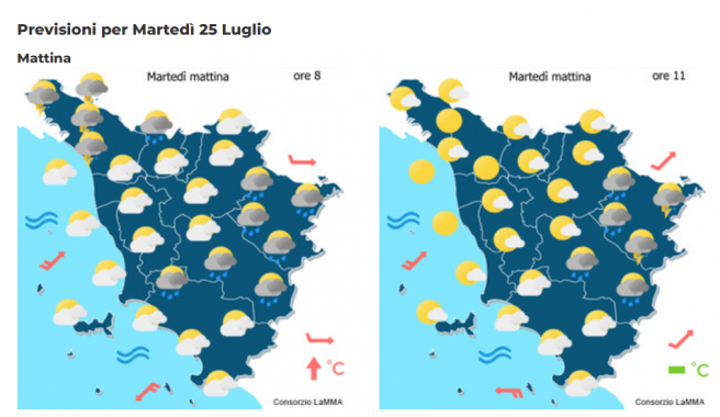 Le mappe meteo del consorzio Lamma per il 25 Luglio 2023