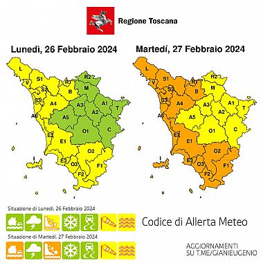 La mappa dell'allerta della Regione Toscana
