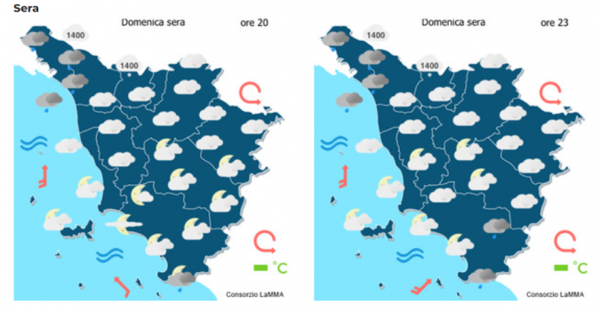 Le previsioni meteo del consorzio Lamma per la serata del 14 Gennaio mappa